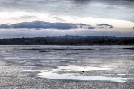 Winter landscape at the lake in Mietkow near Wroclaw, Poland, Europe.の写真素材
