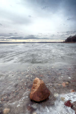 Winter landscape at the lake in Mietkow near Wroclaw, Poland, Europe.の写真素材