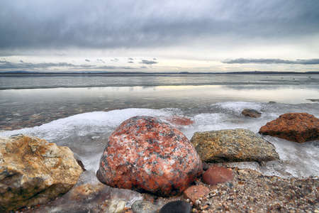 Winter landscape at the lake in Mietkow near Wroclaw, Poland, Europe.の写真素材