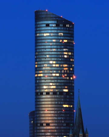 WROCLAW, POLAND - APRIL 04, 2021: Sky Tower, the tallest residential building in Poland (212m), just after sunset. A unique architectural project in Wroclaw, Poland, Europe.のeditorial素材