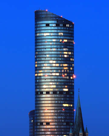 WROCLAW, POLAND - APRIL 04, 2021: Sky Tower, the tallest residential building in Poland (212m), just after sunset. A unique architectural project in Wroclaw, Poland, Europe.のeditorial素材