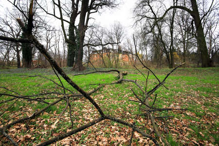 WROCLAW, POLAND - APRIL 11, 2021: Palace in Komorowice near Wroclaw, Poland. Beautiful palace park at the beginning of spring.のeditorial素材