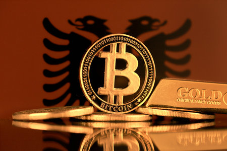 Physical version of Bitcoin, gold bar and Albania Flag.の写真素材