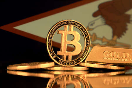 Physical version of Bitcoi, gold barn and American Samoa Flag.の写真素材