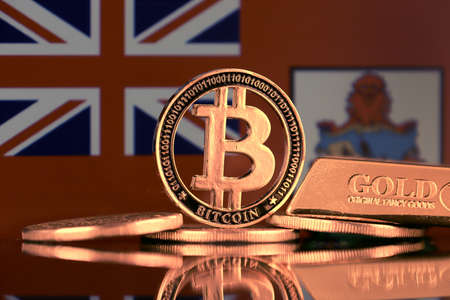 Physical version of Bitcoin, gold bar and Bermuda Flag.の写真素材