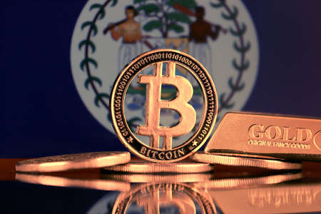 Physical version of Bitcoin, gold bar and Belize Flag.の写真素材