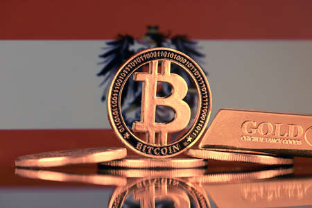 Physical version of Bitcoin, gold bar and Austria Flag.の写真素材