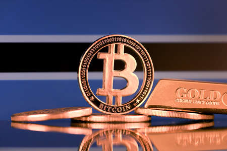 Physical version of Bitcoin, gold bar and Botswana Flag.の写真素材