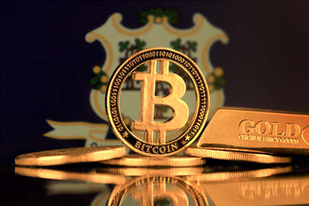 Physical version of Bitcoin, gold bar and Connecticut State Flag.の写真素材