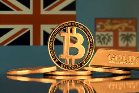 Physical version of Bitcoin, gold bar and Fiji Flag.の写真素材