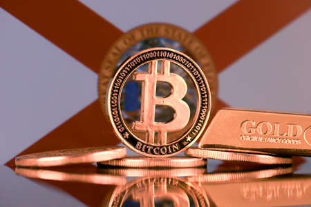 Physical version of Bitcoin, gold bar and Florida State Flag.の写真素材
