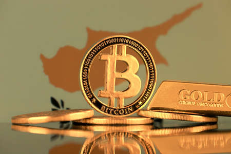 Physical version of Bitcoin, gold bar and Cyprus Flag.の写真素材