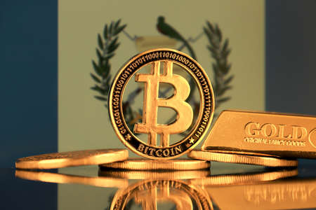 Physical version of Bitcoin, gold bar and Guatemala Flag.の写真素材