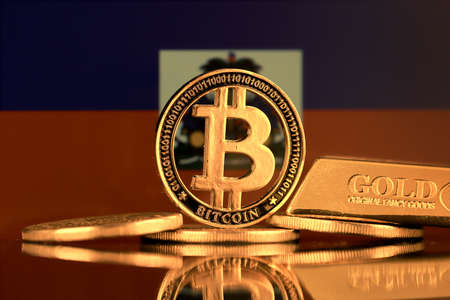 Physical version of Bitcoin, gold bar and Haiti Flag.の写真素材