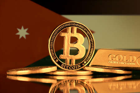 Physical version of Bitcoin, gold bar and Jordan Flag.の写真素材
