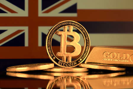 Physical version of Bitcoin, gold bar and Hawaii Flag.の写真素材
