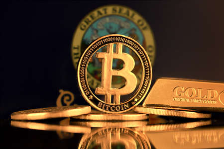 Physical version of Bitcoin, gold bar and Idaho State Flag.の写真素材