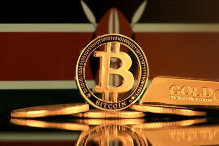 Physical version of Bitcoin, gold bar and Kenya Flag.の写真素材