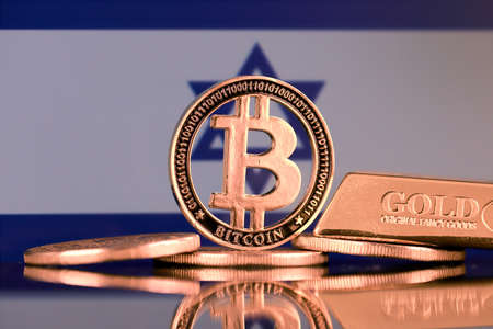 Physical version of Bitcoin, gold bar and Israel Flag.の写真素材