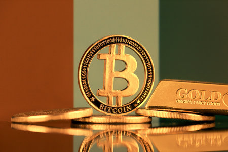 Physical version of Bitcoin, gold bar and Ivory Coast Flag.の写真素材