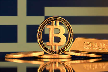Physical version of Bitcoin, gold bar and Greece Flag.の写真素材
