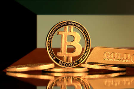 Physical version of Bitcoin, gold bar and Kuwait Flag.の写真素材