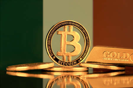 Physical version of Bitcoin, gold bar and Italy Flag.の写真素材