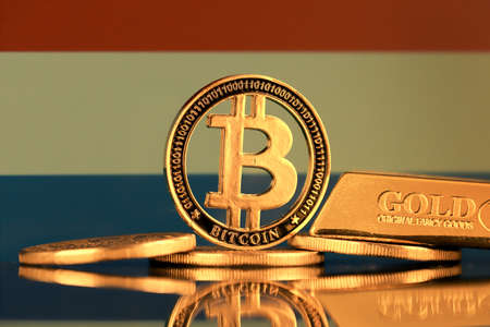 Physical version of Bitcoin, gold bar and Luxembourg Flag.の写真素材