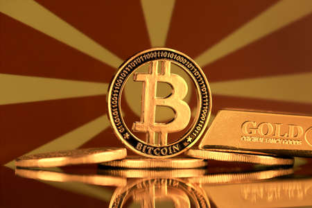 Physical version of Bitcoin, gold bar and Macedonia Flag.の写真素材