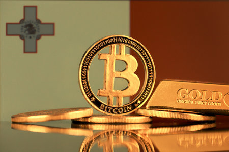 Physical version of Bitcoin, gold bar and Malta Flag.の写真素材