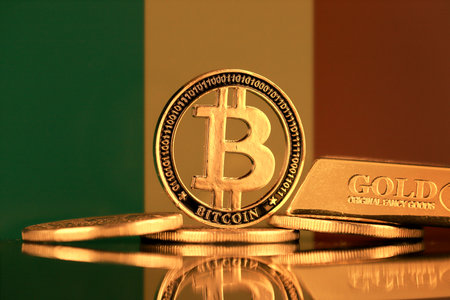 Physical version of Bitcoin, gold bar and Mali Flag.の写真素材
