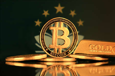 Physical version of Bitcoin, gold bar and Macau Flag.の写真素材