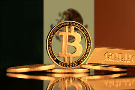 Physical version of Bitcoin, gold bar and Mexico Flag.の写真素材