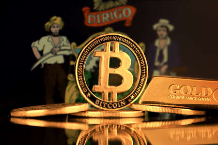Physical version of Bitcoin, gold bar and Maine State Flag.の写真素材