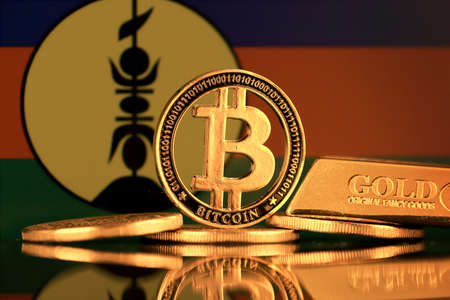Physical version of Bitcoin, gold bar and New Caledonia Flag.の写真素材