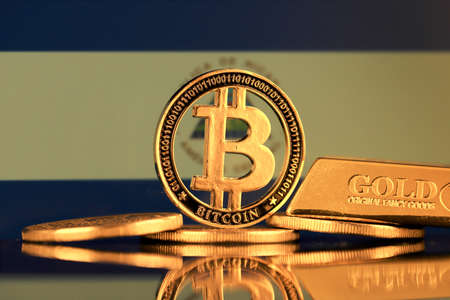 Physical version of Bitcoin, gold bar and Nicaragua Flag.の写真素材