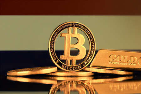 Physical version of Bitcoin, gold bar and Netherlands Flag.の写真素材