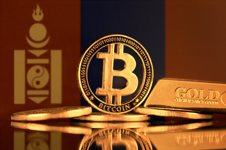 Physical version of Bitcoin, gold bar and Mongolia Flag.の写真素材