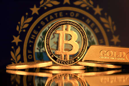 Physical version of Bitcoin, gold bar and New Hampshire State Flag.の写真素材