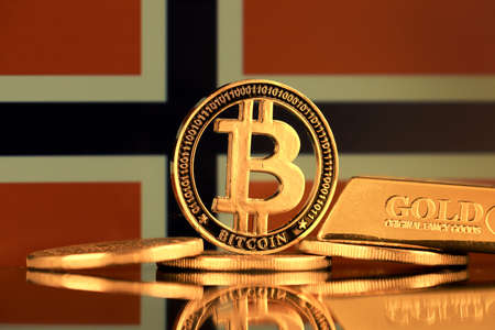 Physical version of Bitcoin, gold bar and Norway Flag.の写真素材