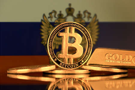 Physical version of Bitcoin, gold bar and Russia Flag.の写真素材