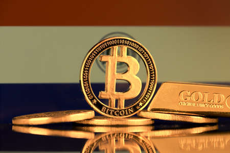 Physical version of Bitcoin, gold bar and Paraguay Flag.の写真素材