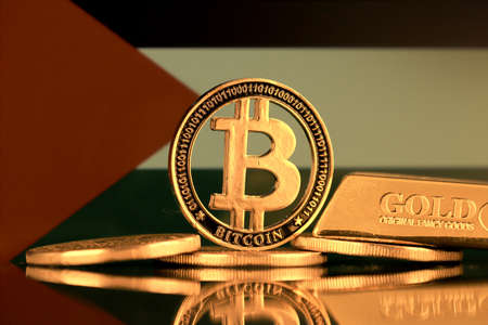 Physical version of Bitcoin, gold bar and Palestine Flag.の写真素材