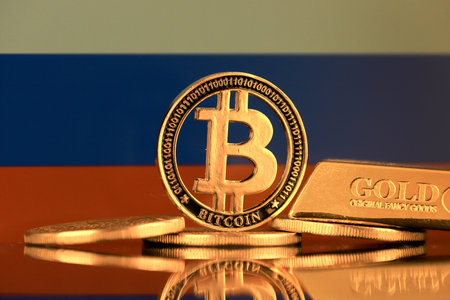 Physical version of Bitcoin, gold bar and Russia Flag.の写真素材