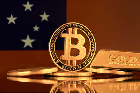 Physical version of Bitcoin, gold bar and Samoa Flag.の写真素材