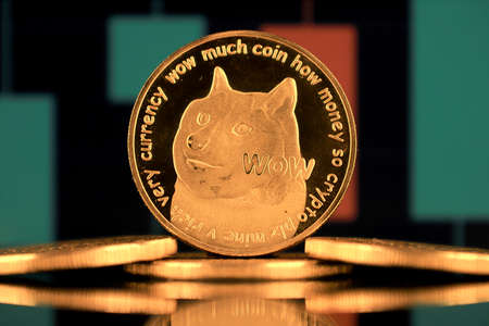 A physical version of Dogecoin (Cryptocurrency). A conceptual image for investors in the fast-growing cryptocurrency and blockchain technology market.の写真素材