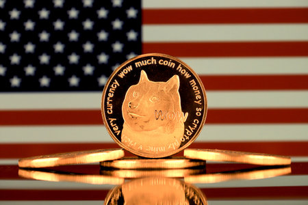 A physical version of Dogecoin (Cryptocurrency) and United States Flag.