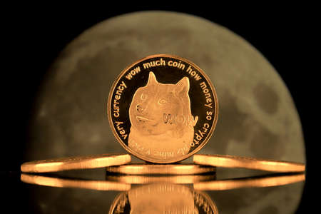 A physical version of Dogecoin (Cryptocurrency). A conceptual image for investors in the fast-growing cryptocurrency and blockchain technology market.の写真素材