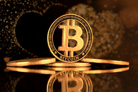 Physical version of Bitcoin. A conceptual image for investors in the fast-growing cryptocurrency and blockchain technology market.の写真素材