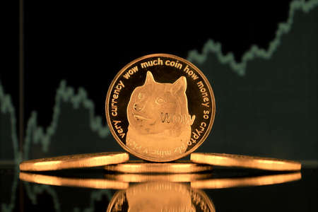 A physical version of Dogecoin (Cryptocurrency). A conceptual image for investors in the fast-growing cryptocurrency and blockchain technology market.の写真素材